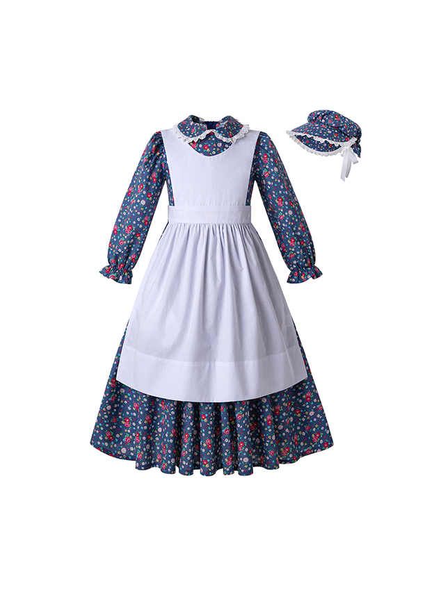 Girls Blue Prairie Costume Pioneer Dress With Flower Printed