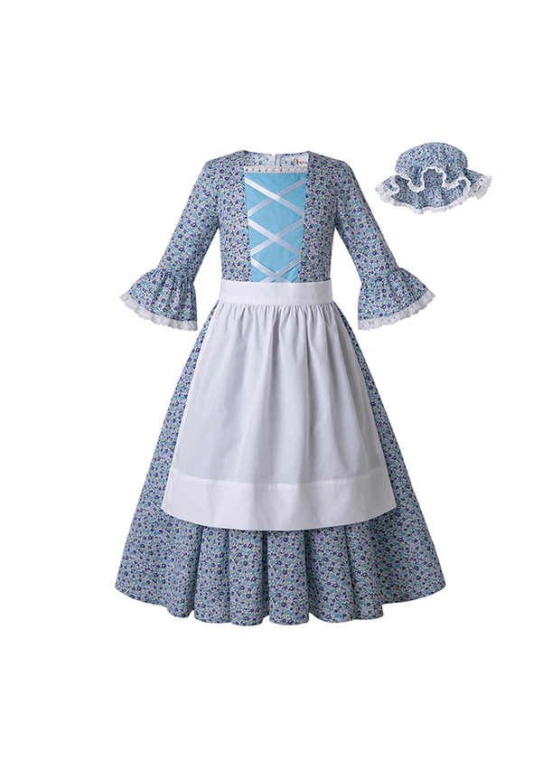 ReliBeauty Pioneer Girl Dress Colonial Prairie Costume Blue 
