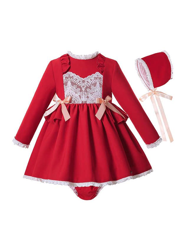 Sweet Babies Red Ruffle Lace Dress With Ribbon Bows Bonnet Bloomers