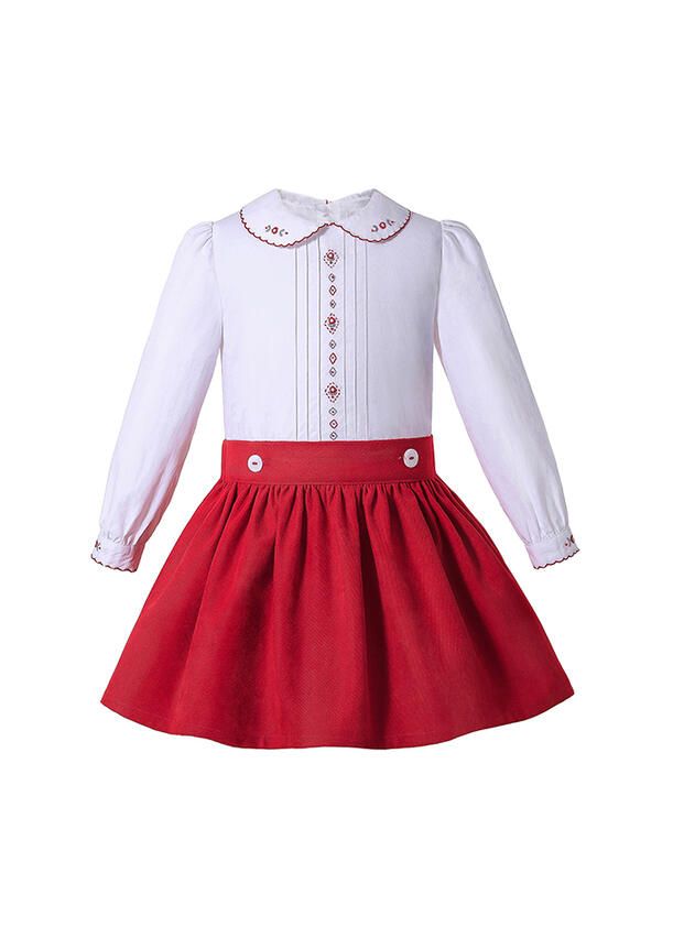 White shirt and deals red skirt