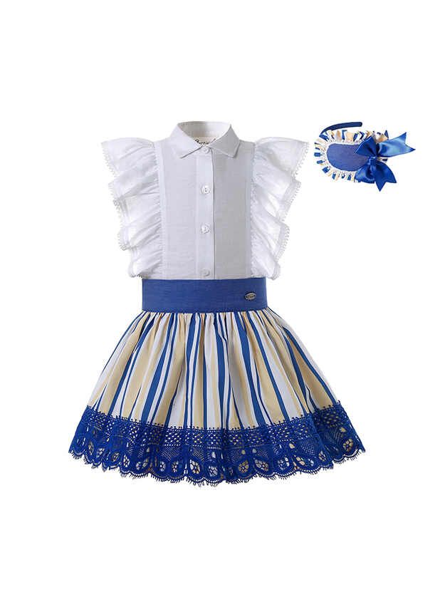 Girls White Shirt Blue Lace Skirt 2 Piece Summer Clothes Set