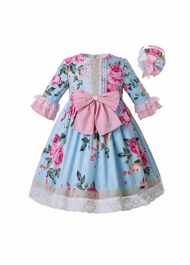 Birthday Boutique Kids Blue Flower lace Printed Bows Girl Dress With Headband Dresses Girl s Children s Fashion