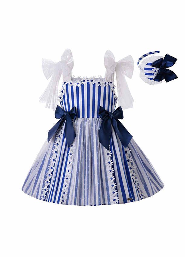 Girls Summer Blue Sling Flower Lace Stripe Princess Dress