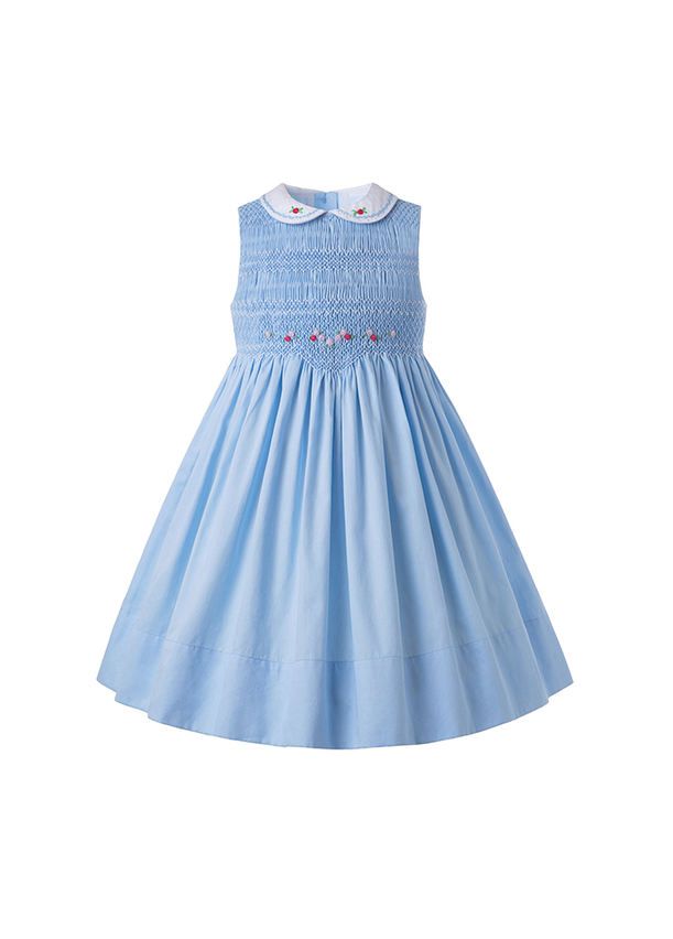 Blue Sleeveless Flower Embroidery Children Smocked Dresses