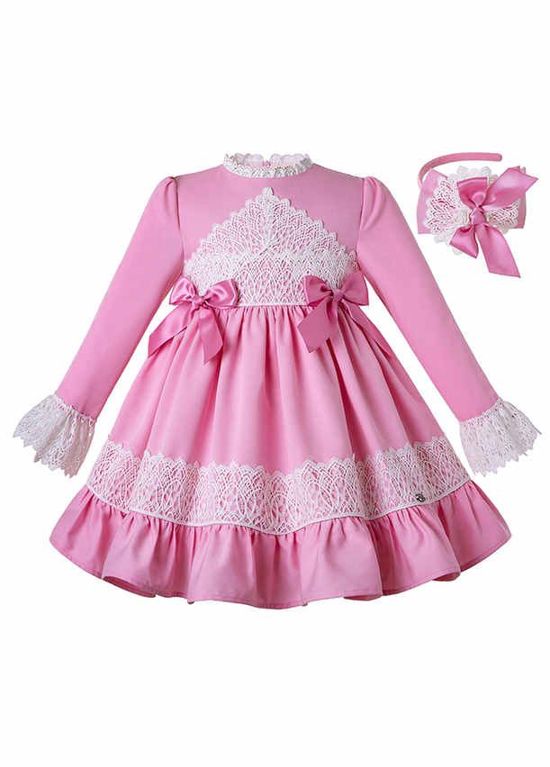 2020 Boutique Pink Lace Bows Ruffled Girls Dress Hand Headband