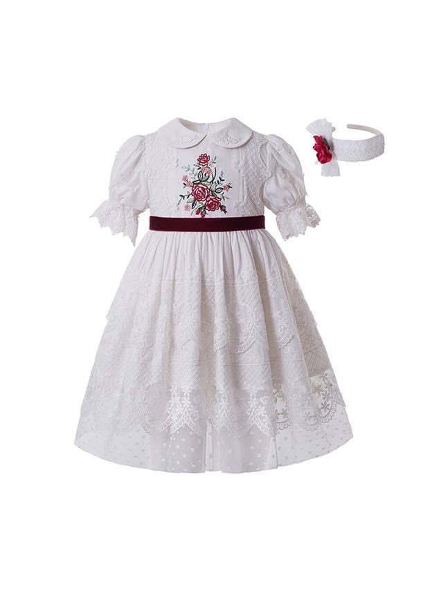 Summer White Embroidered Lace Ruffled Vintage Dress Hand