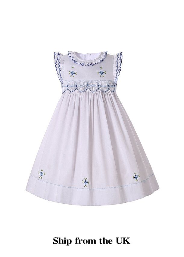 UK ONLY Classical Baby Girls White Smocked Dress