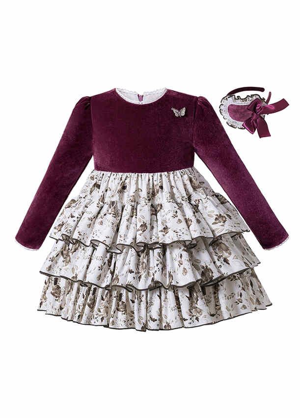 Download Exclusive 2020 Autumn Velvet Wine Red Ruched Butterfly Brooch Layered Dress Handmade Headband Dresses Girl S Children S Fashion