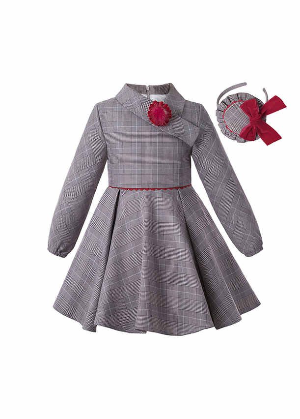 Girls Vintage Grey Tartan Asymmetrical Boutique Kids Dress With Red Flower Hand Headband