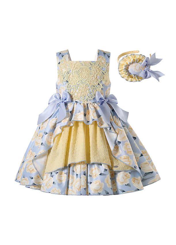Floral Pattern Lace Blue Bows Girls Yellow Dress Headband