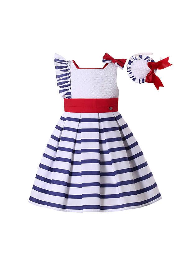 Girls Sleeveless White & Blue Striped Dress - New