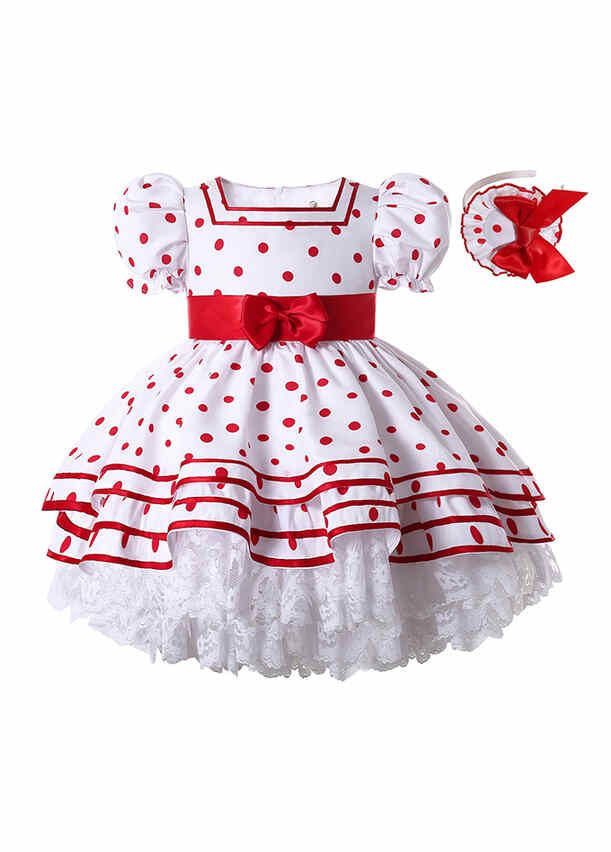 Red Dots Lantern Sleeve White Dress Handmade Headband