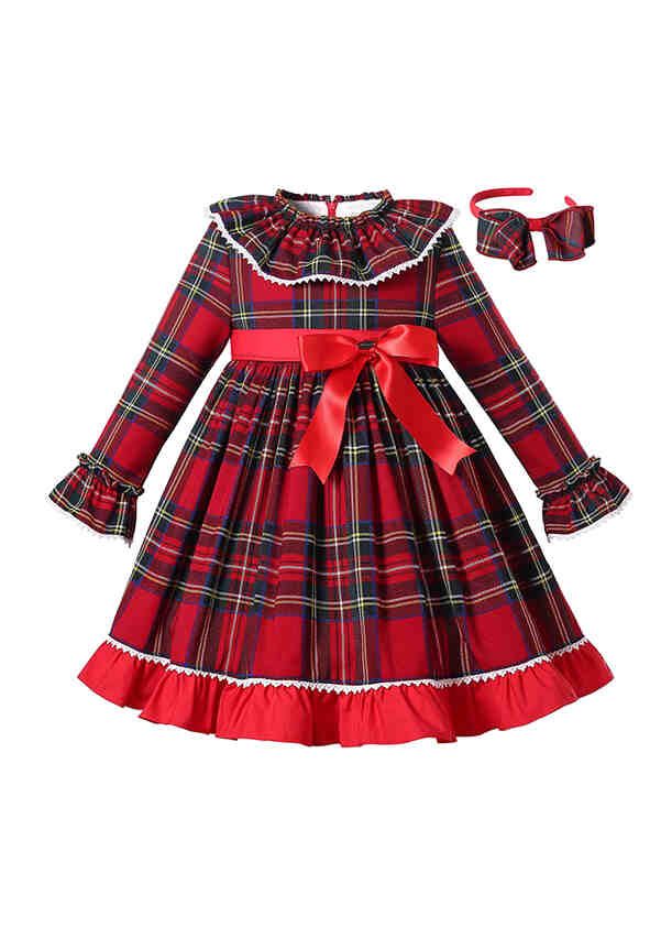Girls Plaid Design Red Ruffle Dress Handmade Headband