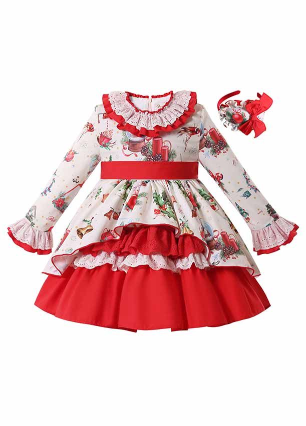 Red White Printed Girls Dress with Christmas Vibes Handmade