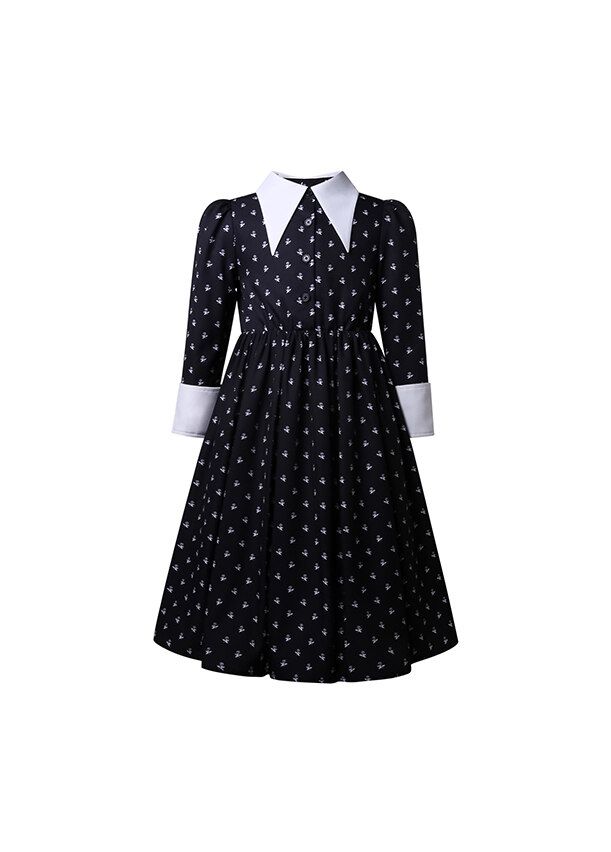Girls Swing Dress Long Sleeves Peter Pan Collar Wednesday Black Dress