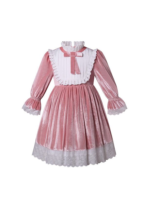 Girls Pink Velvet Gown Lace Dress