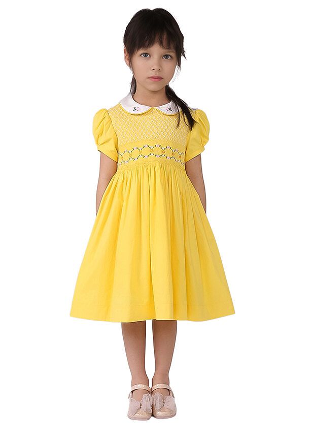 Girls Yellow Peter Pan Collar Embroidered Smocked Dress