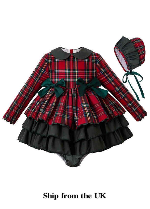 UK Only 3 Pieces Party Babies Red Grid Layered Boutique Outfits Blackish Green Bloomers Hat