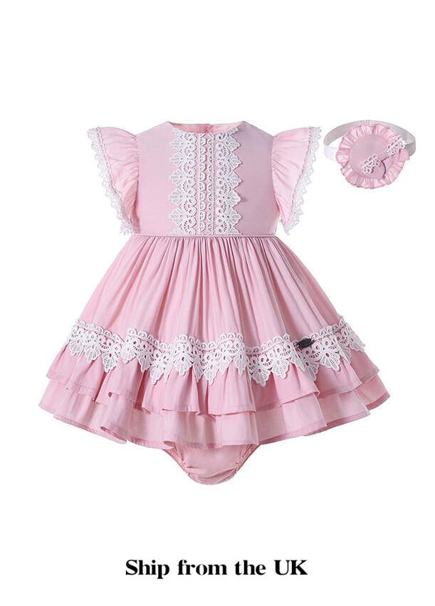 UK ONLY Baby Girls Cutest Summer Lace Pink Dress with Sweet Handmade Headband