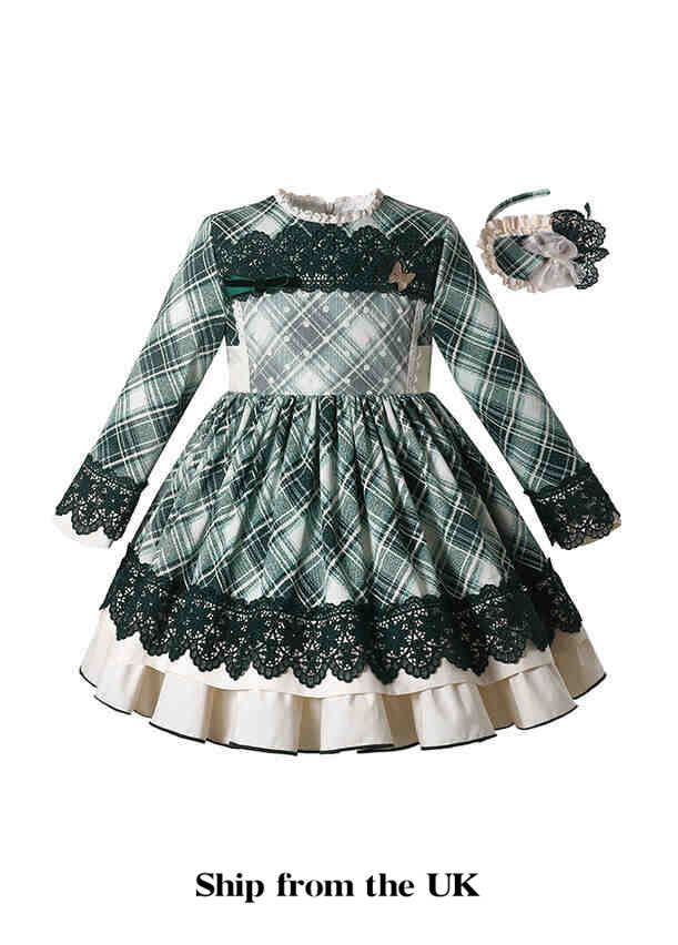 UK Only Green Plaid Christmas Ruffle Dress Handmade Headband