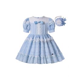 Princess Light Blue Lace England Style Folds Girls Dress with Bow ...