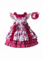 Girls Rose Red Flowers Patterns Ornament Bows Ruffle Hem Dress + Handmade Headband