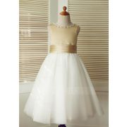 Champagne Satin Ivory Tulle Wedding Flower Girl Dress