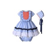 (PRE-ORDER)3 Pieces Baby Girl Lace Blue and White Striped Ruffle Dress + Bloomers + Hat