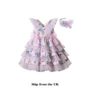 (UK ONLY)Summer Girls Light Pink V-neck Dress with Blue Flower Patterns Lace Bows + Handmade Headband