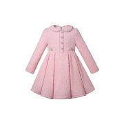 (Pre-order) Girls Pink Cotton Tweed Dress with Pearl Single-Breasted Button