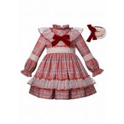 (Pre-order)Girls Red & Ivory Checked Dress + Handmade Headband