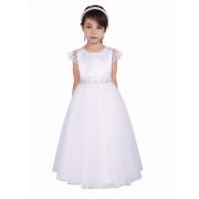 (Pre-Order)Girls White Satin Dresses with Lace Cap Sleeves