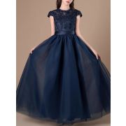 Princess Scoop Floor-Length Lace/Tulle Flower Girl Dress Navy Blue Ball-Gown