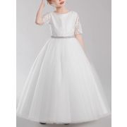 White Elegant Flower Girl Dress Lace Tulle Half Sleeves Princess Bow Birthday Concert Floor-length Junior Bridesmaid Gown