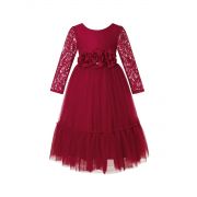 Burgundy Flower Girl Dress Long Sleeve Lace White Tulle Wedding Bohemian Dress