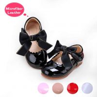 Black Microfiber Leather Girls Shoes With Handmade Bow-knot