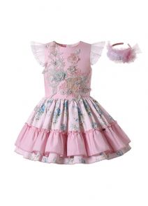 (ONLY 5Y)Girls Sundress Crewneck Sleeveless Floral Patterns Pink Dress + Handmade Headband