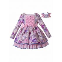 (Pre-order)Girls Square Collar Lace Flower Printed Dress + Headband