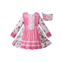 Girls Pink & White Printed Lace Dress + Headwear