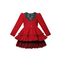 Girls' Red & Green Embroidered Dress with Lace