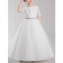 White Elegant Flower Girl Dress Lace Tulle Half Sleeves Princess Bow Birthday Concert Floor-length Junior Bridesmaid Gown