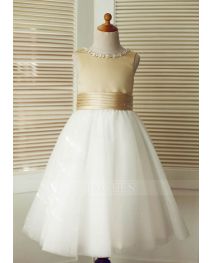 Champagne Satin Ivory Tulle Wedding Flower Girl Dress