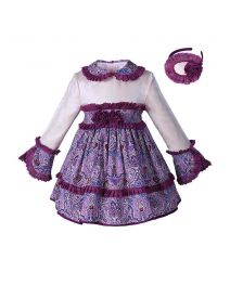Girls Purple Velvet Flower Printed Lace Dress + Headwear