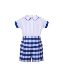 Boys White Shirt + Blue Plaid Shorts