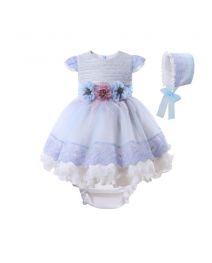 Baby Girls Blue Tweed Lace Dress + Bloomer +Hat