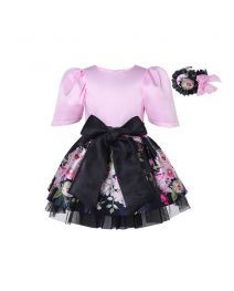 Pink Shirt Black Floral Skirt + Handmade Headband