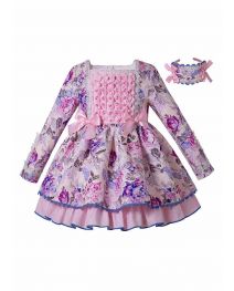 (Pre-order)Girls Square Collar Lace Flower Printed Dress + Headband