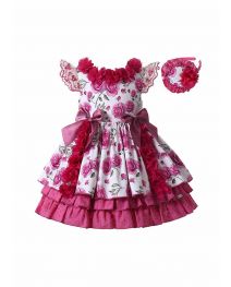 Girls Rose Red Flowers Patterns Ornament Bows Ruffle Hem Dress + Handmade Headband