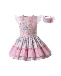 (ONLY 5Y)Girls Sundress Crewneck Sleeveless Floral Patterns Pink Dress + Handmade Headband