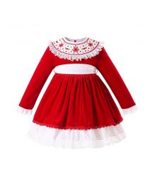 Girls' red velvet embroidered Christmas dress